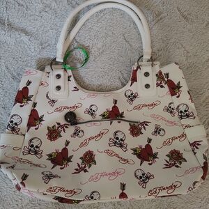 Ed Hardy White Tattoo Motif Shoulder Bag with Red Accents